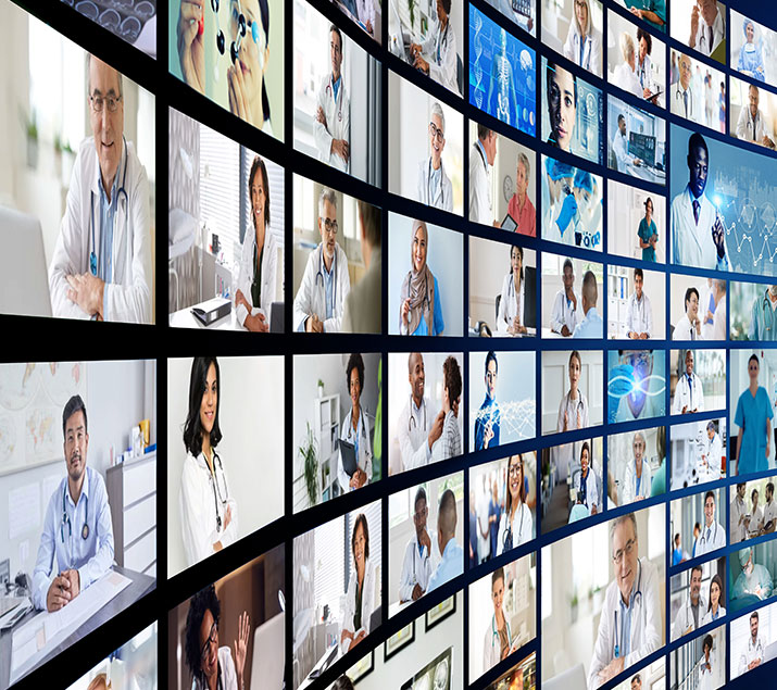 image-service curved screen featuring a collage of photos of doctors in various situations