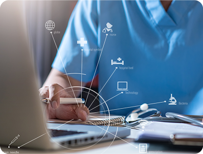image2 close up of a man scrolling on a laptop where medical options are overlayed in 3d